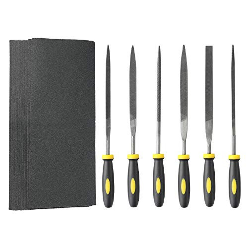 ORNOOU 6 Pieces Hand Metal Files - Needle File Set, Hardened Alloy Strength Steel Set Includes Flat, Flat Warding, Square, Triangular, Round, and Half-Round File and 10 Pieces of Matte Paper
