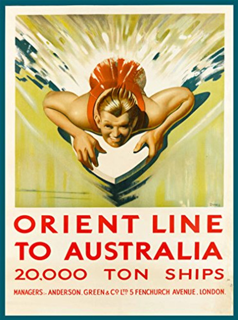 A SLICE IN TIME Orient Line to Australia Australian Surf Surfer Vintage Oceanliner Cruise Ship Travel Advertisement Art Poster Print. Poster Measures 10 x 13.5 inches
