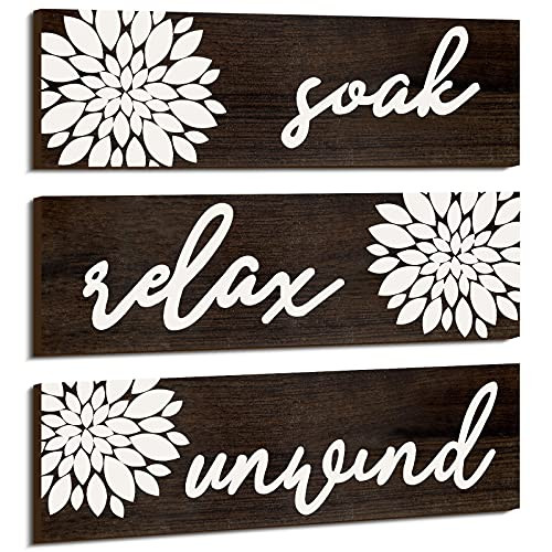 Jetec 3 Pieces Soak Relax Unwind Bathroom Signs Rustic Farmhouse Bathroom Wall Sign Hanging Wooden Wall Decoration Bathroom Wall Arts Decorations for Bathroom Toilet Dressing Room Laundry Room