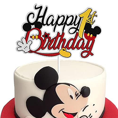 Happy 1st Birthday Black Glitter Mickey Mouse Cake Topper 1 One Year Old Party Decorations Supplies for Baby Boys Girls