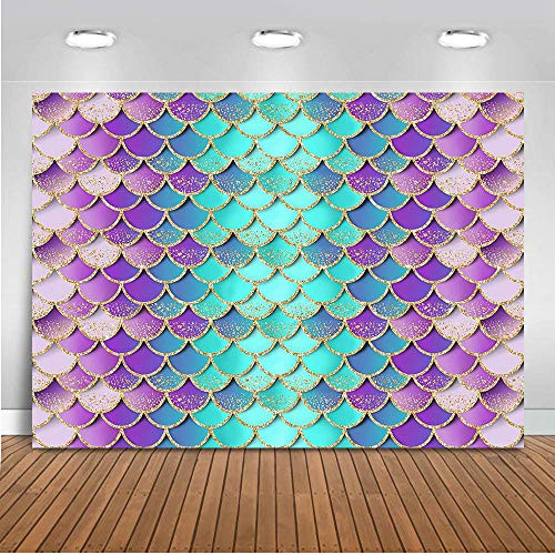 Avezano Mermaid Birthday Backdrop Glitter Mermaid Scales Backdrops Kids Birthday Party Decor Girls Princess Baby Shower Photo Background Purple Aqua Green Shell Backdrop -5x3ft-