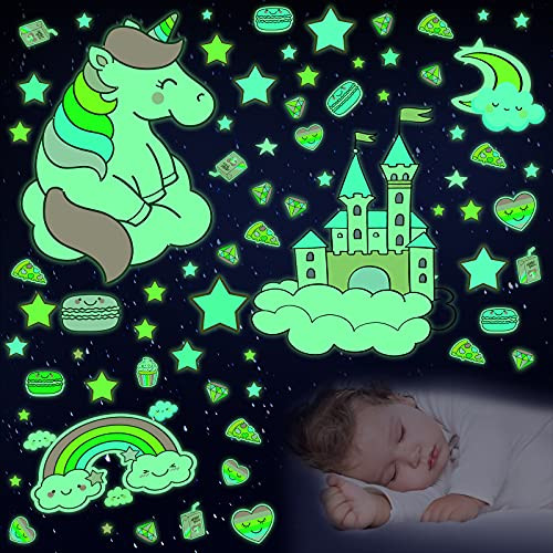 109 Pieces Glowing in The Dark Unicorn Decals Luminous Unicorn Wall Stickers Large Unicorn and Castle with Rainbow Stars Heart Cloud Moon Food Decals Unicorn Bedroom Decor for Girls