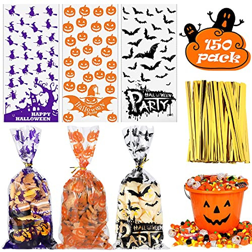 150 Pieces Halloween Transparent Cellophane Bag Bat Witch Pumpkin Print Pattern Flat Candy Bag with 150 Pieces Sealing Twist Ties, 3 Styles 150 Pieces Halloween Transparent Cellophane Bag Bat Witch Pumpkin Print Pattern Flat Candy Bag with 150 Pieces Sealing Twist Ties, 3 Styles