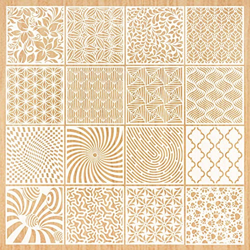 16-Pack Geometric Stencils 6 x 6 Inch Painting Templates for Scrapbooking Cookie Tile Furniture Wall Floor Decor Craft Drawing Tracing DIY Art Supplies