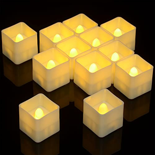 Flameless LED Square Tea Lights, PChero 12pcs Realistic Flickering Battery Operated Mini Tealight Candles Set Bulk for Wedding Party Table Centerpieces Special Night Indoor Outdoor Decorations