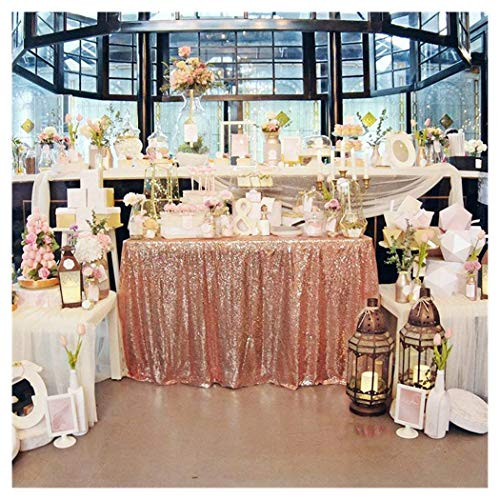 QueenDream Sequined Tablecloth 60"x102"Rose Gold Sparkly Sequin Fabric Wedding Tablecloth Sequin Luxury Linens Circle Table Cover