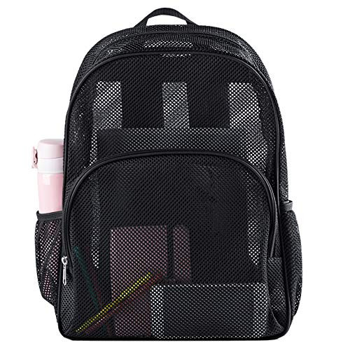 Heavy Duty Semi-Transparent Mesh Backpack, See Through College School Mesh Bookbag with Padded Straps for Commuting, Security Travel, Beach  and  Sports