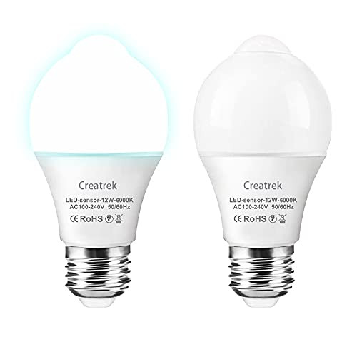 Creatrek Motion Sensor Light Bulb, 12W E26 White 6000K, PIR LED Bulb 100W Equivalent , 2 Pack