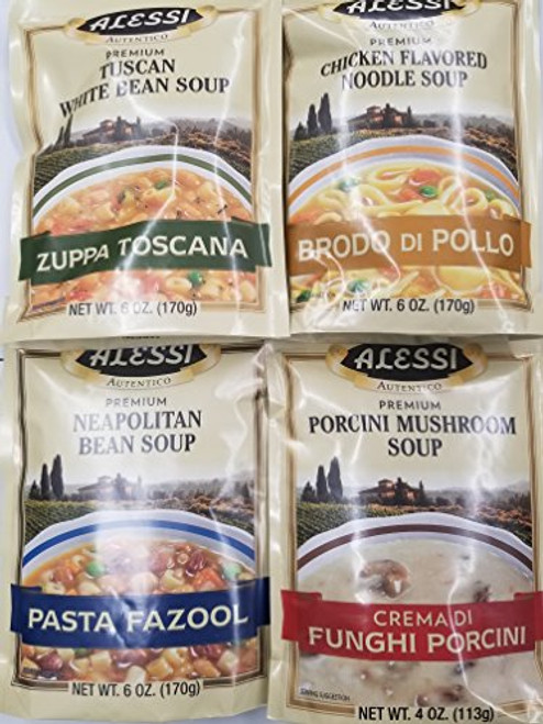 Alessi Athentic Italian Soup Mix 4 Flavor Variety Bundle: -1- Tuscan White Bean Soup, -1- Chicken Flavored Noodle Soup, -1- Porcini Mushroom Soup, and -1- Neapolitan Bean Soup, 4-6 Oz Ea