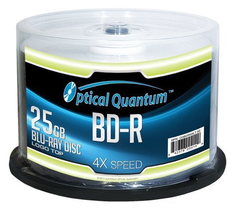 Optical Quantum OQBDR04LT-50 4X 25 GB BD-R Single Layer Blu-Ray Recordable Logo Top 50-Disc Spindle (Renewed)