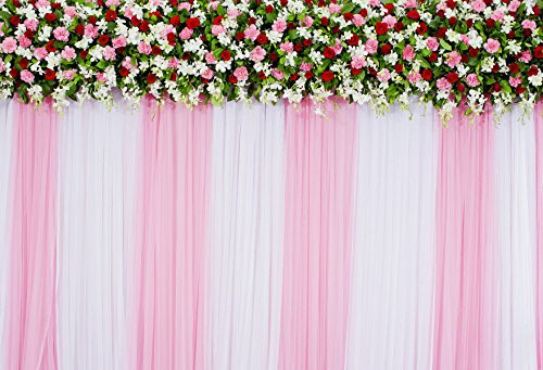 Kate 7x5ft Wedding Photography Backdrop Pink Drape Wall Red White Flowers Branch Wedding Backdrop Photo Studio Background(with Pocket)