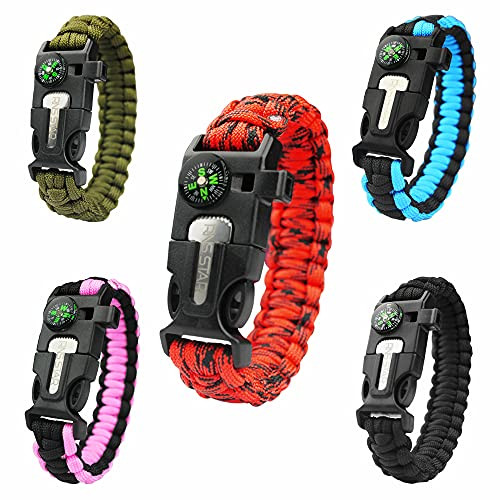RNS STAR Emergency Paracord Bracelets | Set of 5 | Survival Bracelet with Paracord Rope, Tactical Bracelet Fire Starter, Compass, Emergency Whistle and Small Knife for Hiking RNS STAR Emergency Paracord Bracelets | Set of 5 | Survival Bracelet with Paracord Rope, Tactical Bracelet Fire Starter, Compass, Emergency Whistle and Small Knife for Hiking