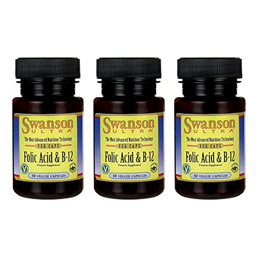 Swanson Folic Acid  and  Vitamin B-12 30 Veg Capsules -3 Pack-