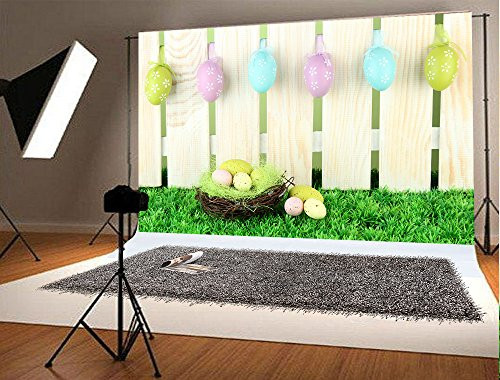 Kate 7x5ft Microfiber Easter Photo Backdrop White Wood Fence with Colorful Eggs Photography Background Green Grass Seamless Backdrop for Parties