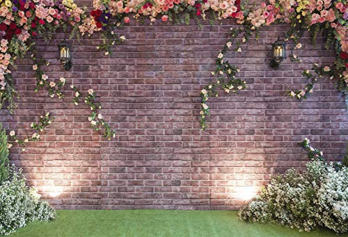 7X5ft Wedding Photography Backdrops Brick Wall Pink Flower Grass Spring Photo Backdrop for Picture Bridal Show Background Photo Booth Prop