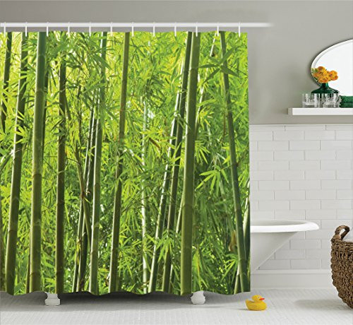 Ambesonne Bamboo Decor Shower Curtain Set, Exotic Tropical Bamboo Forest with Fresh Color Asian Nature Wildlife Trees Leaves Decor Print, Bathroom Accessories, 75 Inches Long, Light Green