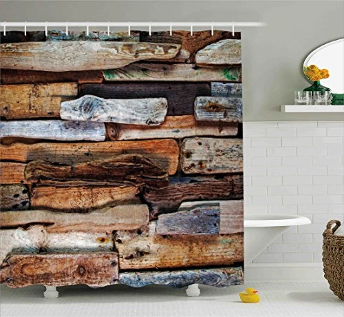 Ambesonne Driftwood Decor Shower Curtain, Wooden Theme Driftwood and Knotty Planks Vintage Decorative Design Digital Image, Fabric Bathroom Decor Set with Hooks, 75 Inches Long, Brown