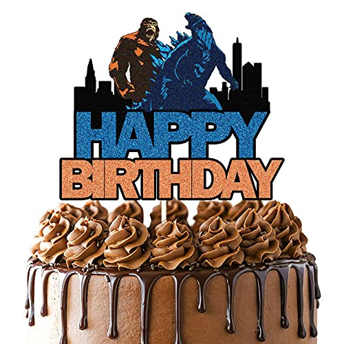 Happy Birthday Party Cake Topper,King Kong Godzilla Cake Decoration,King Kong VS Godzilla Monster Film and Television Themed Party Cake Decor Supplies,Blue and Colour