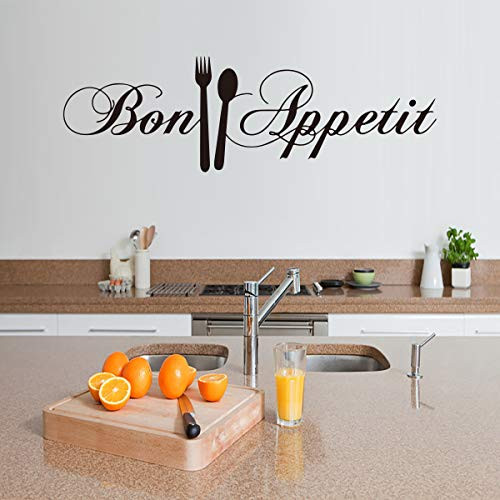 Kitchen Quotes French Bon Appetit with Folk and Spoon Vinyl Removable Wall Stickers for Home Kitchen,Funny Saying Kitchenware Heart Decor,Wallpaper Mural for Dining Room Restaurant Cafe
