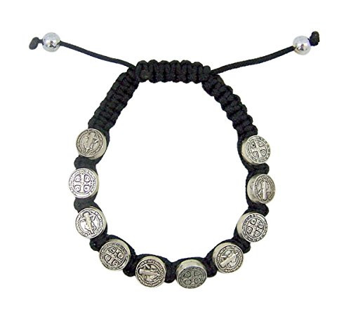 Silver Toned Saint St Benedict Medals on Black Macrame Cord Bracelet, 6 Inch