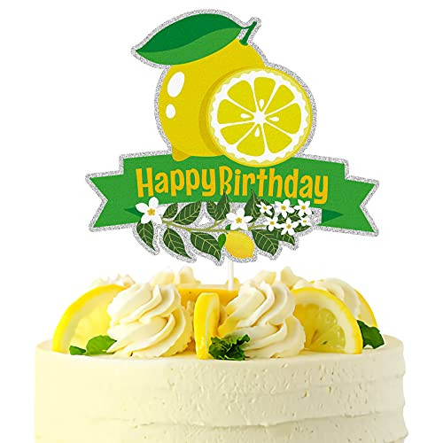 Gold Glitter Lemon Happy Birthday Cake Topper, Lemon Birthday Party Supplies, Lemonade Theme Bday Party Decoration Supplies