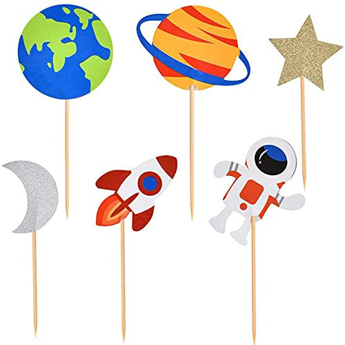 30 PCS Outer Space Cupcake Toppers Planet Party Supplies Birthday Decorations Rocket Astronaut Cupcake Decoration Spaceship Themed Kids Children Party Supplies