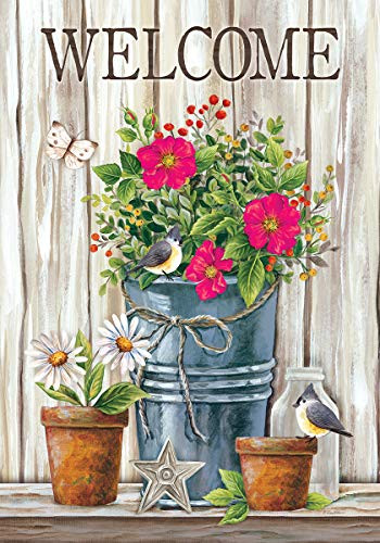 Custom Decor Wildflower Pail Welcome - Standard Size, Decorative Double Sided, Licensed and Copyrighted Flag - Printed in The USA Inc. - 28 Inch X 40 Inch Approx. Size