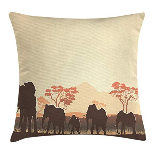Ambesonne Africa Throw Pillow Cushion Cover, African Wildlife Safari Big Animal Elephants in Forest with Lake Nature Scene, Decorative Square Accent Pillow Case, 20 X 20 Inches, Pale Yellow Brown