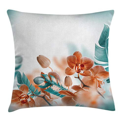 Ambesonne Tropical Decor Throw Pillow Cushion Cover, Orchids Blossom Leaves on Blurred Background Floral Themed Modern Artwork, Decorative Square Accent Pillow Case, 20 X 20 Inches, Orange Teal
