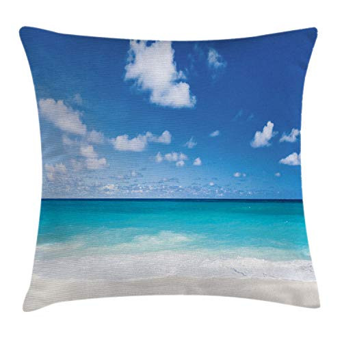 Ambesonne Ocean Throw Pillow Cushion Cover, Tropical Exotic Sandy Beach Caribbean Sea Bay Barbados Coastline Summertime, Decorative Square Accent Pillow Case, 20 X 20 Inches, Blue Aqua Coconut