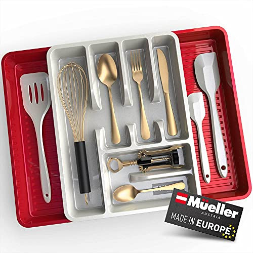 Mueller Flatware Kitchen Drawer Organizer, 19.7" x 15" Silverware Organizer, 6 Compartments, Heavy-Duty, Cutlery Tray for Utensils or Stuff, Dining Room, Living Room, Beige Red