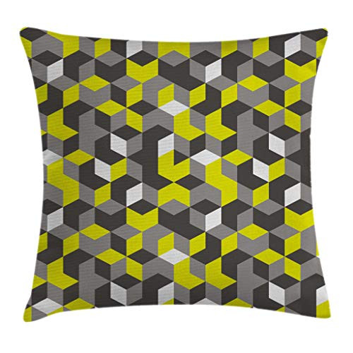 Ambesonne Grey and Yellow Throw Pillow Cushion Cover, 3D Print Inspired Modern Geometrical Boxes Cubes Image, Decorative Square Accent Pillow Case, 20 X 20 Inches, Mustard Yellow Black and White