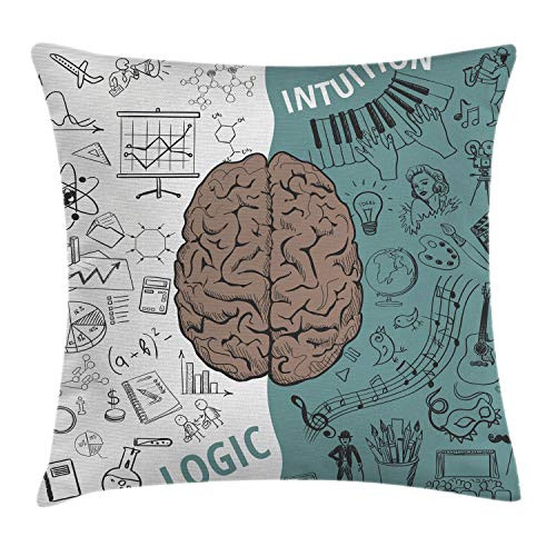 Ambesonne Modern Decor Throw Pillow Cushion Cover, Brain Image with Left and Right Side Music Logic Art Side Science Print, Decorative Square Accent Pillow Case, 20 X 20 Inches, White Teal Umber