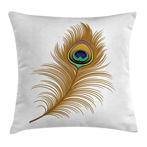 Ambesonne Peacock Throw Pillow Cushion Cover, Exotic Alluring Bird Feather Magical Wild Nature Decorative Image Print, Decorative Square Accent Pillow Case, 20 X 20 Inches, Mustard Green Navy
