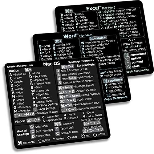 SYNERLOGIC -3-Pack- Mac OS -1-  plus MS Word-1-  plus MS Excel -1- Reference Keyboard Shortcut Stickers - Premium Black Matte Vinyl, Temporary Adhesive -for Intel MacBook Air/Pro, iMac, Mac Mini-