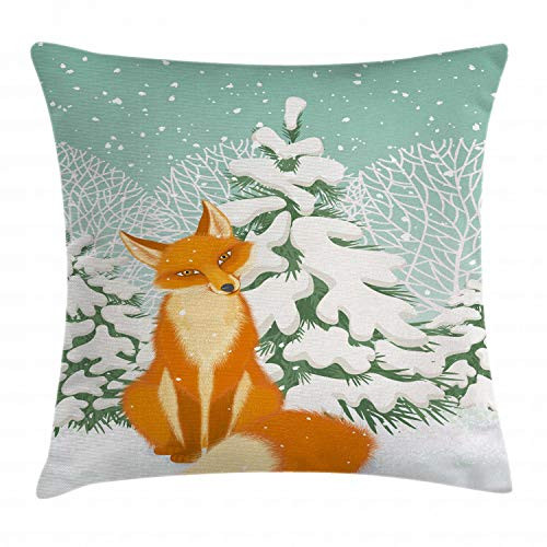 Ambesonne Fox Throw Pillow Cushion Cover, Red Fox Sitting in Winter Forest Snow Covered Pine Trees Xmas Cartoon, Decorative Square Accent Pillow Case, 20 X 20 Inches, Orange White Almond Green