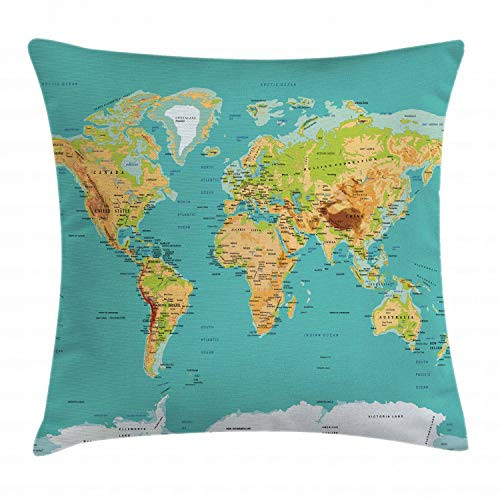 Ambesonne Map Throw Pillow Cushion Cover, Map of The World Geography Continents and Countries Physical Cartography Image, Decorative Square Accent Pillow Case, 20 X 20 inches, Sea Green Apricot