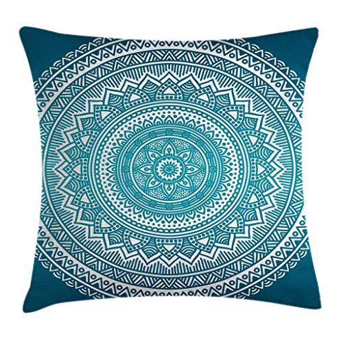 Ambesonne Turquoise Ombre Throw Pillow Cushion Cover, Mandala Medallion Starry Design with Flower in Middle Ethnic Ethnic Art, Decorative Square Accent Pillow Case, 20 X 20 Inches, Dark Turquoise