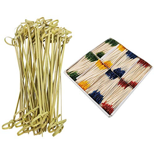 BLUE TOP Wood Cocktail Picks Set -4 Inch 1000 PCS Frill Picks  and  6 Inch 50 PCS Bamboo Knot Picks,Cocktail Picks for Fruit,Appetizers,Club Sandwiches,Parties,July 4th Day.