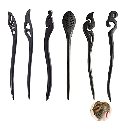 6Pack Handmade Ancient Chinese Japanese Wood Hair Sticks Chopsticks Wooden Vintage Retro Carved Long Fork Pen Shawl Pins Sticks Hairpins Clips Barrettes for Women Girls Hair Bun Chignon Holder Bulk