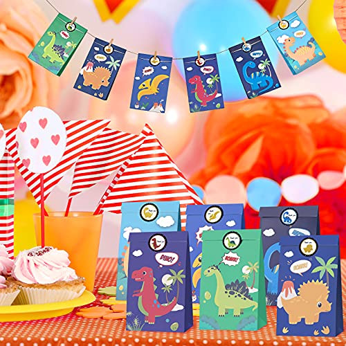 12 Pack Dinosaur Goodie Candy Treat Bags Dinosaur Party Favor Bags for Kids Dinosaur Themed Birthday Baby Shower Party Supplies,12 Pcs Gift Bags 18 Pcs Stickers 12 pcs Wood Clips