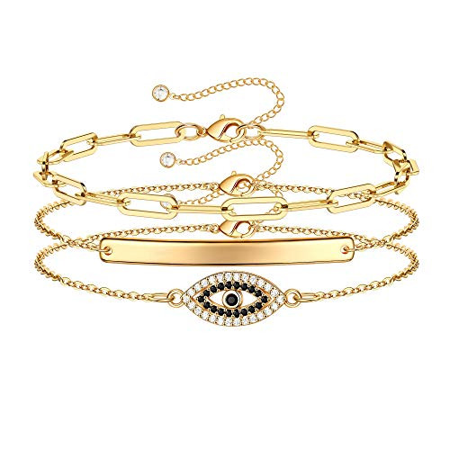 Gold Evil Eye Bracelets for Women, 14K Gold Filled Layering Paperclip Link Chain Bracelet Dainty Handmade Layered Bar CZ Evil Eye Bracelets Personalized Jewelry Gifts for Women Girls