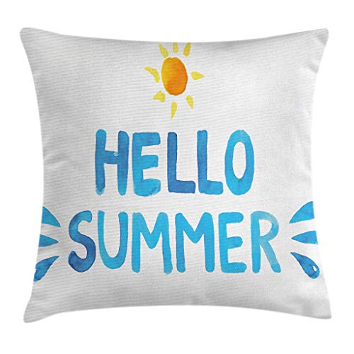 Ambesonne Lifestyle Decor Throw Pillow Cushion Cover, Hello Summer Motivational Quote and Sun Written Watercolor Style Design, Decorative Square Accent Pillow Case, 20 X 20 Inches, Blue Yellow