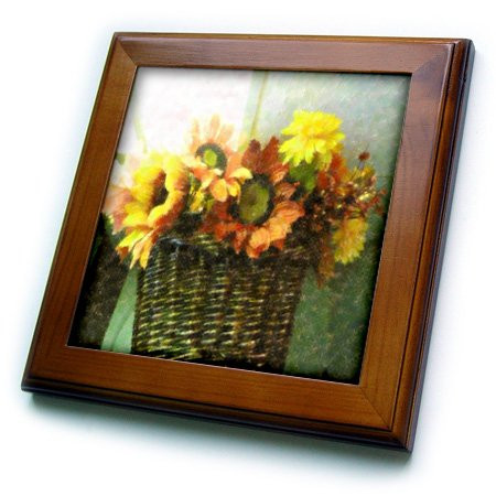 3dRose ft_80732_1 Picture of Painted Orange N Yellow Sunflower Framed Tile, 8 by 8-Inch