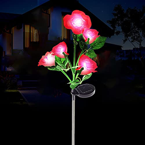 Outdoor Solar Garden Rose Lights, Upgraded LED Solar Powered Light with 5 Rose Flowers, Waterproof Solar Decorative Stake Lights for Garden Pathway Backyard Christmas Decoration Parties -Red-