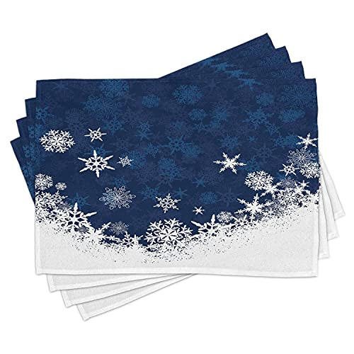Lunarable Snowflake Place Mats Set of 4, Winter Theme Christmas Illustration Cold Weather Season Celebration, Washable Fabric Placemats for Dining Table, Standard Size, Indigo White Lunarable Snowflake Place Mats Set of 4, Winter Theme Christmas Illustration Cold Weather Season Celebration, Washable Fabric Placemats for Dining Table, Standard Size, Indigo White