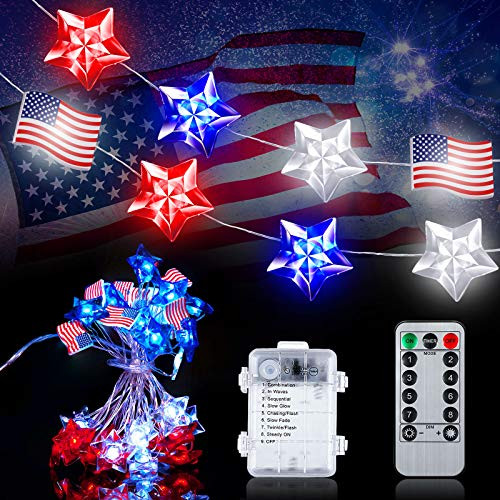 Hortsun 13 Ft 40 LEDs USA Star with USA Flag String Lights July 4th Independence Day Decorative LED String Lights Battery Operated LED String Lights with Remote for Presidents Day July 4th Decor