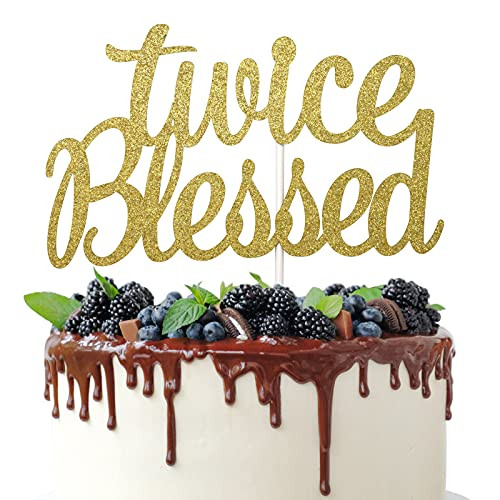 Twice Blessed Cake Topper, Twins Baby Shower Party Decorations, Twins Cake Topper, Birthday, Gender Reveal Party Supplies -Gold Glitter-