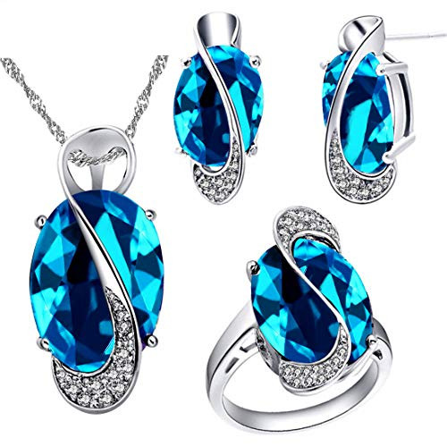 Uloveido Women's Platinum Plated Oval Light Blue Crystal Pendant Necklace Clip on Earrings Halo Rings Wedding Anniversary Birthday Jewelry Set for Girls Women T472 Uloveido Women's Platinum Plated Oval Light Blue Crystal Pendant Necklace Clip on Earrings Halo Rings Wedding Anniversary Birthday Jewelry Set for Girls Women T472