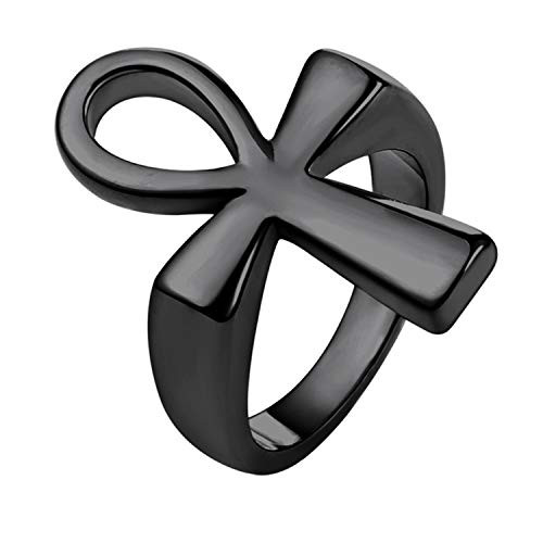 U7 Cool Signet Ring Ion Plating Black Metal Stainless Steel Polished Ankh Cross Ring for Men Women, Size 12